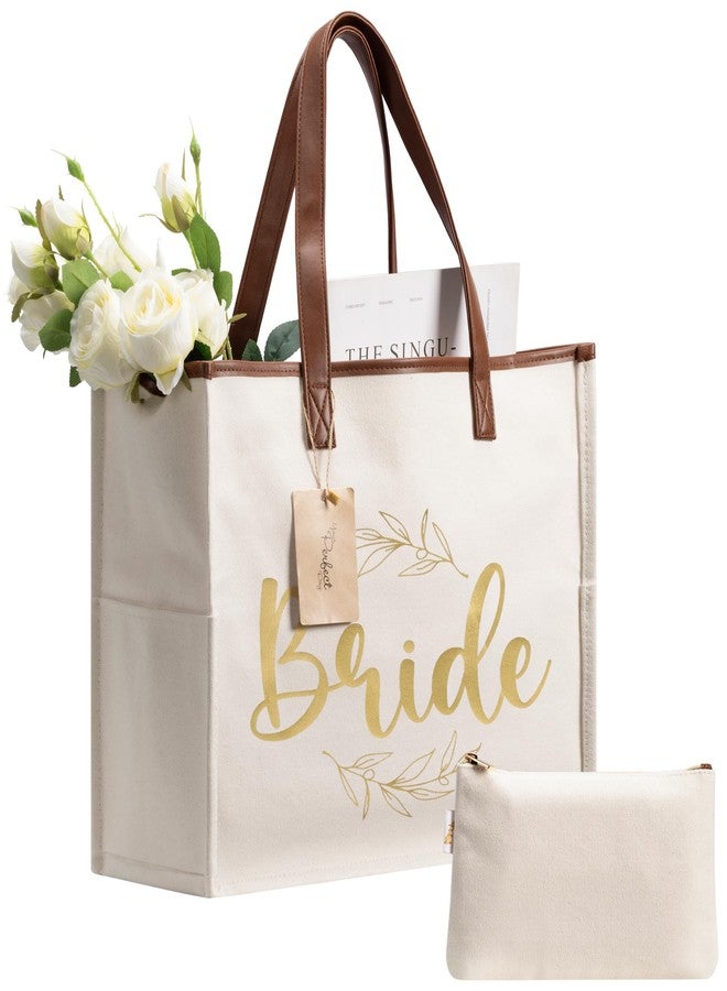 Your Perfect Day Bride Bag - Large Bridal Mrs Bag for Wedding & Honeymoon - With Zip Pocket and Bonus Vanity Case - Durable and Spacious Tote in Cotton Canvas & Vegan Leather, Gold - Image 1